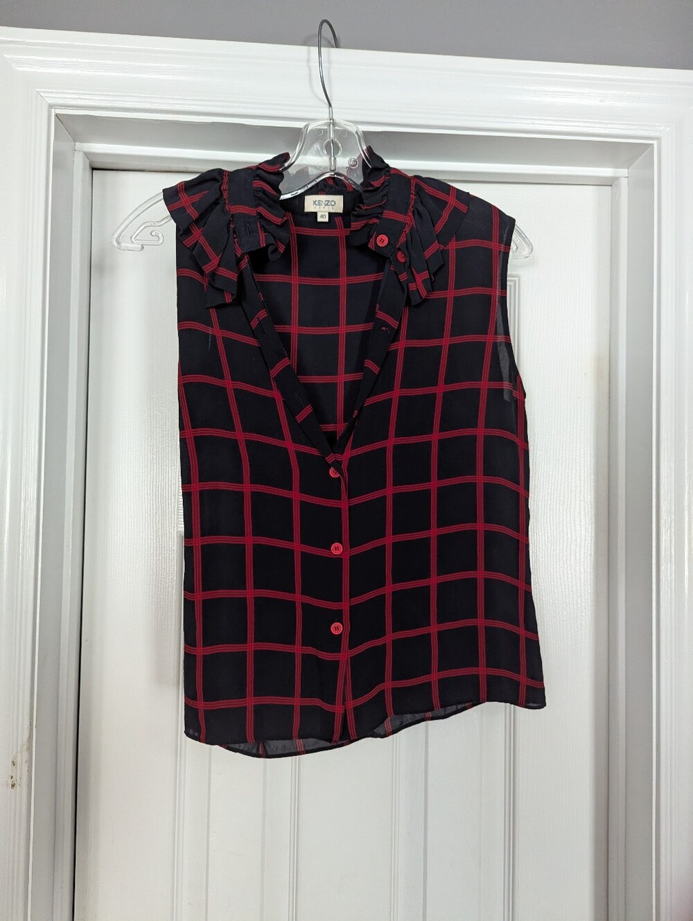 Kenzo Black Sleeveless Blouse with Red Windowpane